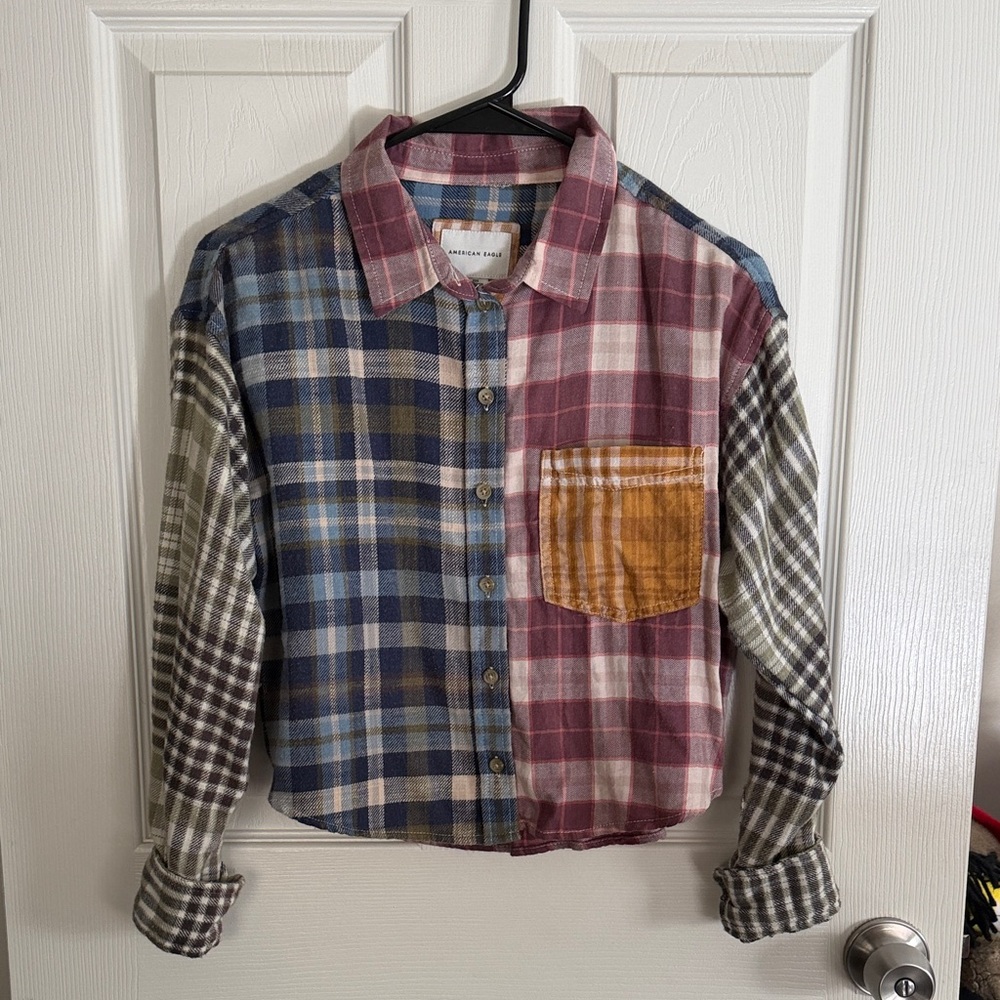 American Eagle Cropped Colorful Plaid Patchwork Shirt